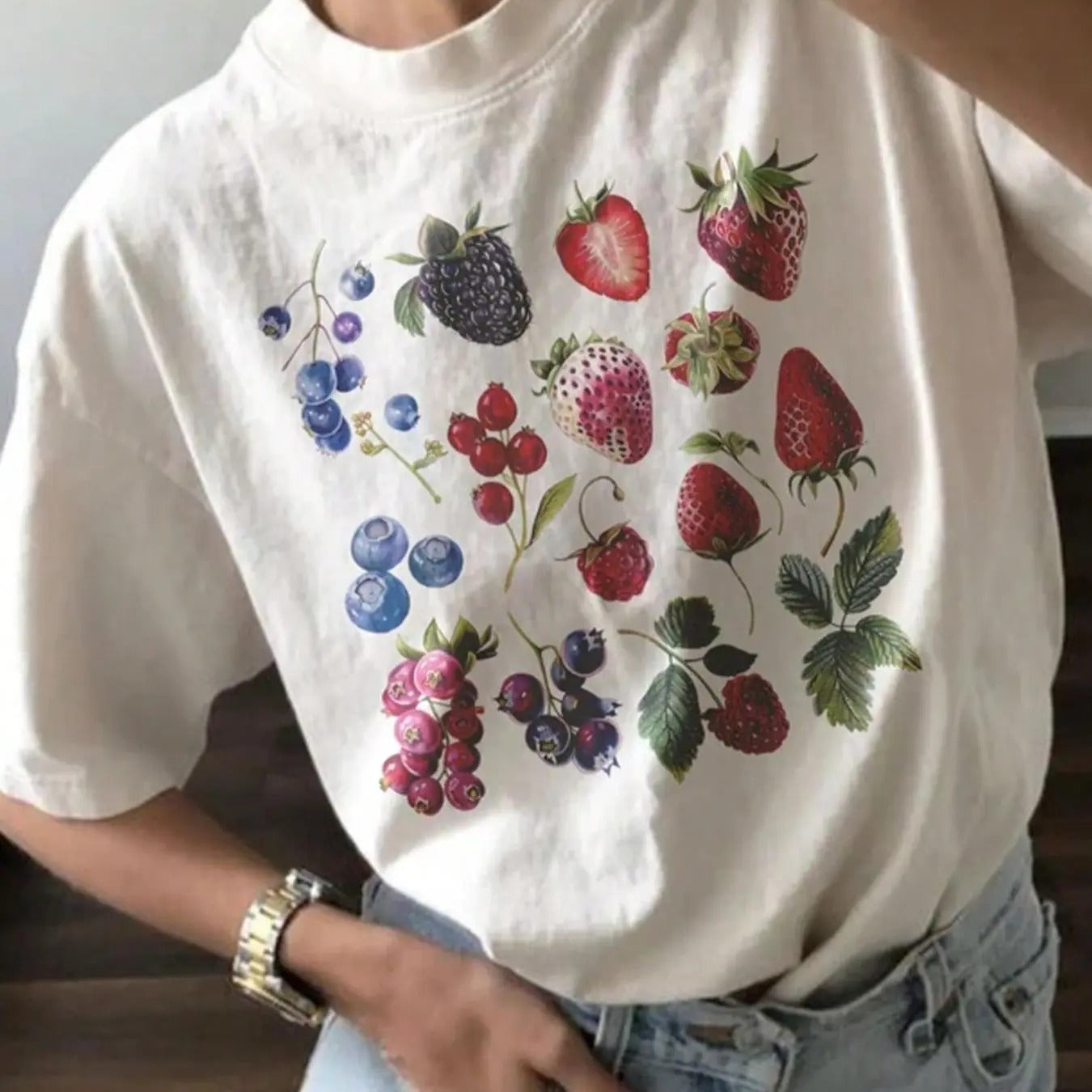 Fruit Print Drop Shoulder Casual Half Sleeve Round Neck Summer Top Daily T-Shirts, Hoodie, Sweatshirt - T-Shirt, Sweatshirt, Hoodie