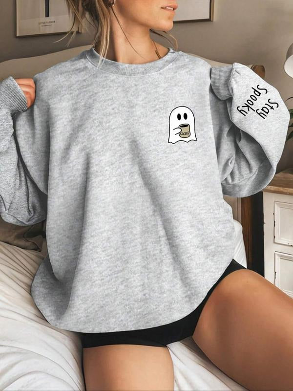Ghost & Letter Print Drop Shoulder Casual Long Sleeve Round Neck Halloween Fall & Winter Clothes Daily T-Shirts, Hoodie, Sweatshirt - T-Shirt, Sweatshirt, Hoodie