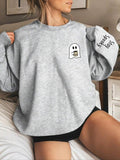 Ghost & Letter Print Drop Shoulder Casual Long Sleeve Round Neck Halloween Fall & Winter Clothes Daily T-Shirts, Hoodie, Sweatshirt - T-Shirt, Sweatshirt, Hoodie