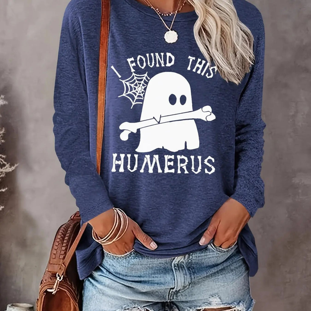 Ghost & Letter Print Round Neck Casual Long Sleeve Crew Neck Fall & Winter Top Daily T-Shirts, Hoodie, Sweatshirt - T-Shirt, Sweatshirt, Hoodie