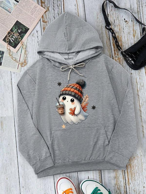 Ghost & Pumpkin Print Drop Shoulder Casual Drawstring Pocket Hooded Daily Outdoor Fall & Winter T-Shirts, Hoodie, Sweatshirt - T-Shirt, Sweatshirt, Hoodie