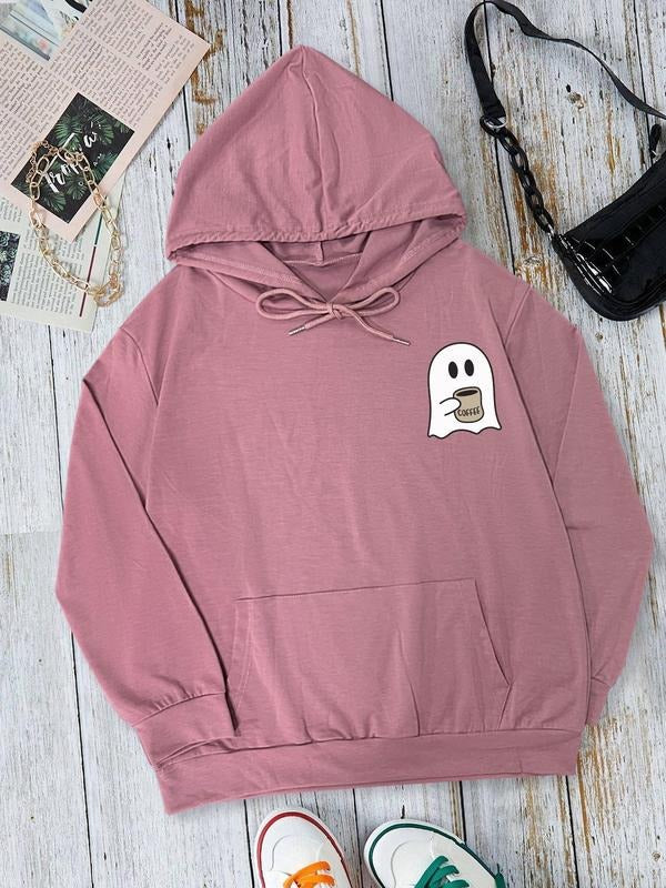 Ghost Print Drawstring Pocket Casual Long Sleeve Hooded Fall & Winter Clothes Daily T-Shirts, Hoodie, Sweatshirt - T-Shirt, Sweatshirt, Hoodie