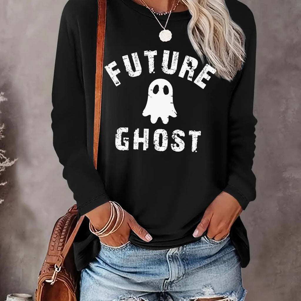 Ghost Print Round Neck Casual Halloween Long Sleeve Crew Neck Fall & Winter Clothes Daily T-Shirts, Hoodie, Sweatshirt - T-Shirt, Sweatshirt, Hoodie