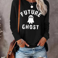Ghost Print Round Neck Casual Halloween Long Sleeve Crew Neck Fall & Winter Clothes Daily T-Shirts, Hoodie, Sweatshirt - T-Shirt, Sweatshirt, Hoodie