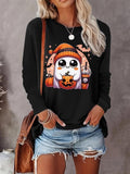 Ghost Print Round Neck Halloween Cute Casual Long Sleeve Daily Vacation Outdoor Tops Fall & Winter T-Shirts, Hoodie, Sweatshirt - T-Shirt, Sweatshirt, Hoodie