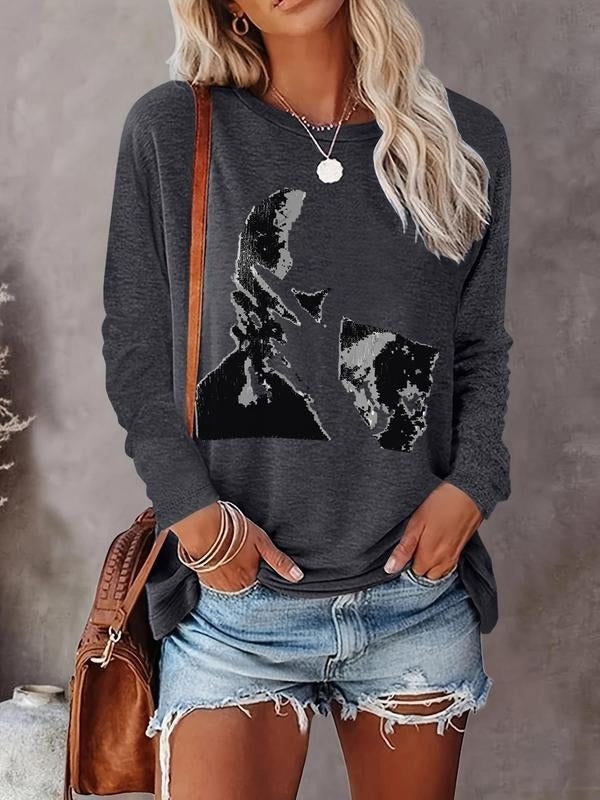 Print Casual Long Sleeve Round Neck Fall & Winter Clothes Daily T-Shirts, Hoodie, Sweatshirt - T-Shirt, Sweatshirt, Hoodie