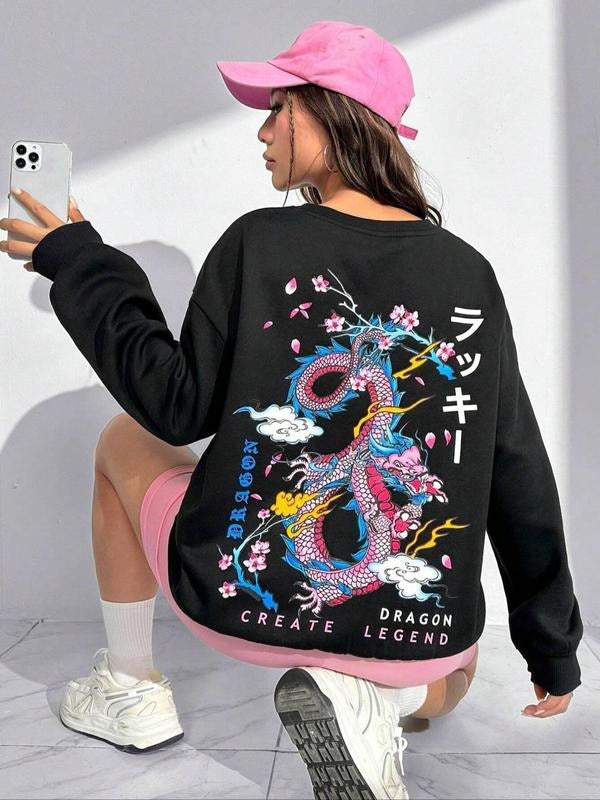 Round Neck Drop Shoulder Casual Dragon Print Long Sleeve Crew Neck Spring & Fall Comfy Cozy Top Daily T-Shirts, Hoodie, Sweatshirt - T-Shirt, Sweatshirt, Hoodie