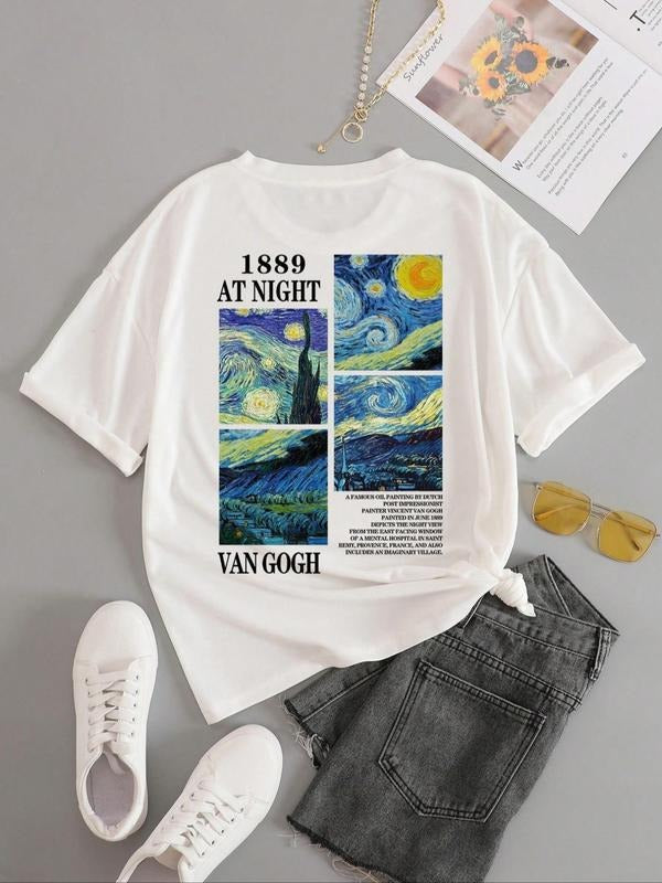 Round Neck Drop Shoulder Printed Short Sleeve Summer Casual Daily Top T-Shirts, Hoodie, Sweatshirt - T-Shirt, Sweatshirt, Hoodie