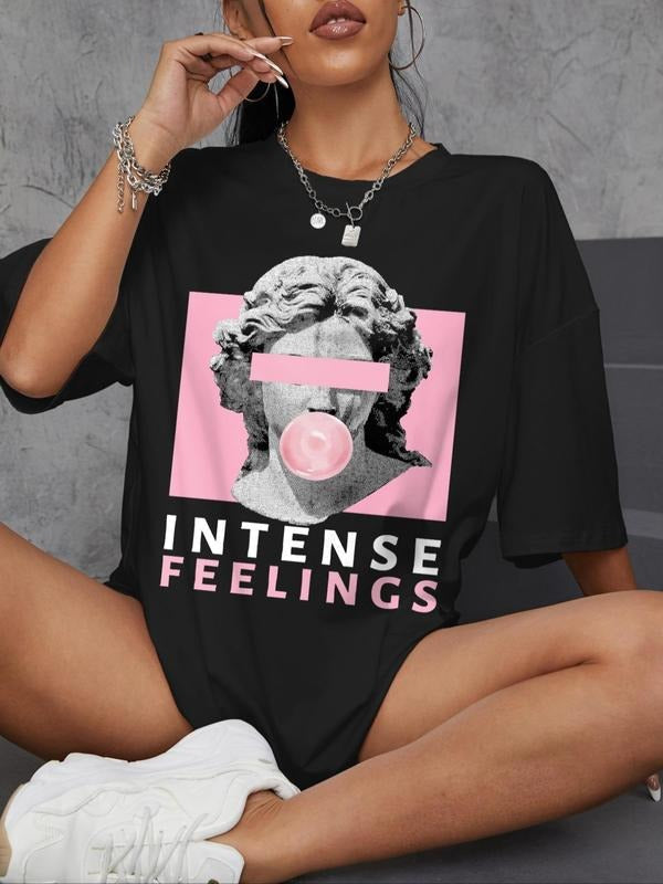Round Neck Drop Shoulder Summer Clothes Casual Sculpture Print Crew Neck Daily Vacation Outdoor Tops Summer T-Shirts, Hoodie, Sweatshirt - T-Shirt, Sweatshirt, Hoodie