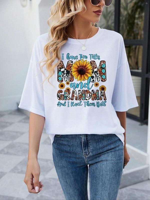 Round Neck Regular Sleeve Sunflower & Letter Print Short Sleeve Casual Crew Neck Top Summer T-Shirts, Hoodie, Sweatshirt - T-Shirt, Sweatshirt, Hoodie