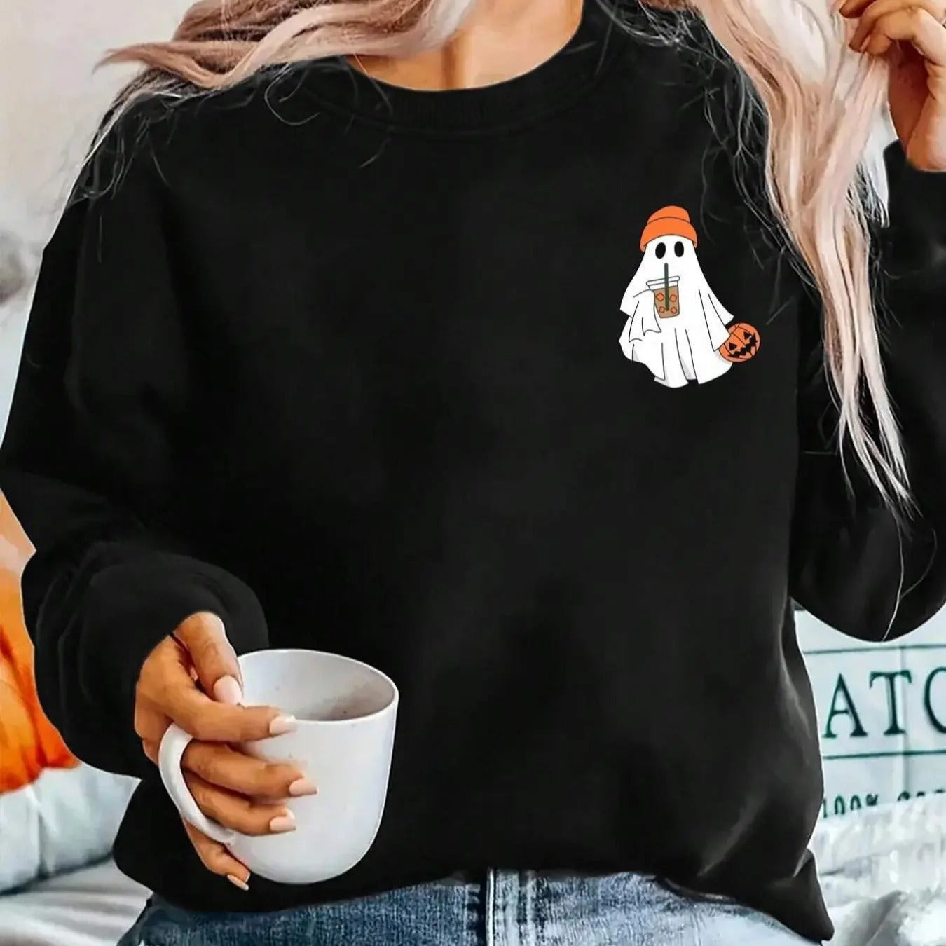Halloween Ghost & Pumpkin Print Drop Shoulder Casual Long Sleeve Round Neck Daily Fall & Winter Clothes T-Shirts, Hoodie, Sweatshirt - T-Shirt, Sweatshirt, Hoodie