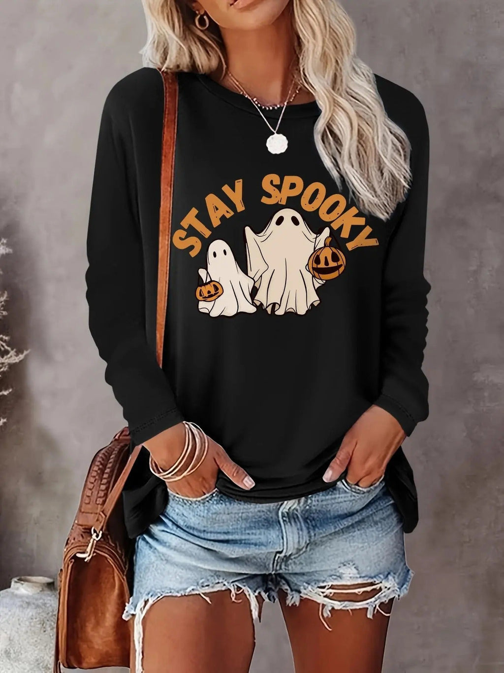 Halloween Cartoon Ghost & Letter Print Drop Shoulder Casual Long Sleeve Round Neck Daily Spring & Fall Clothes T-Shirts, Hoodie, Sweatshirt - T-Shirt, Sweatshirt, Hoodie