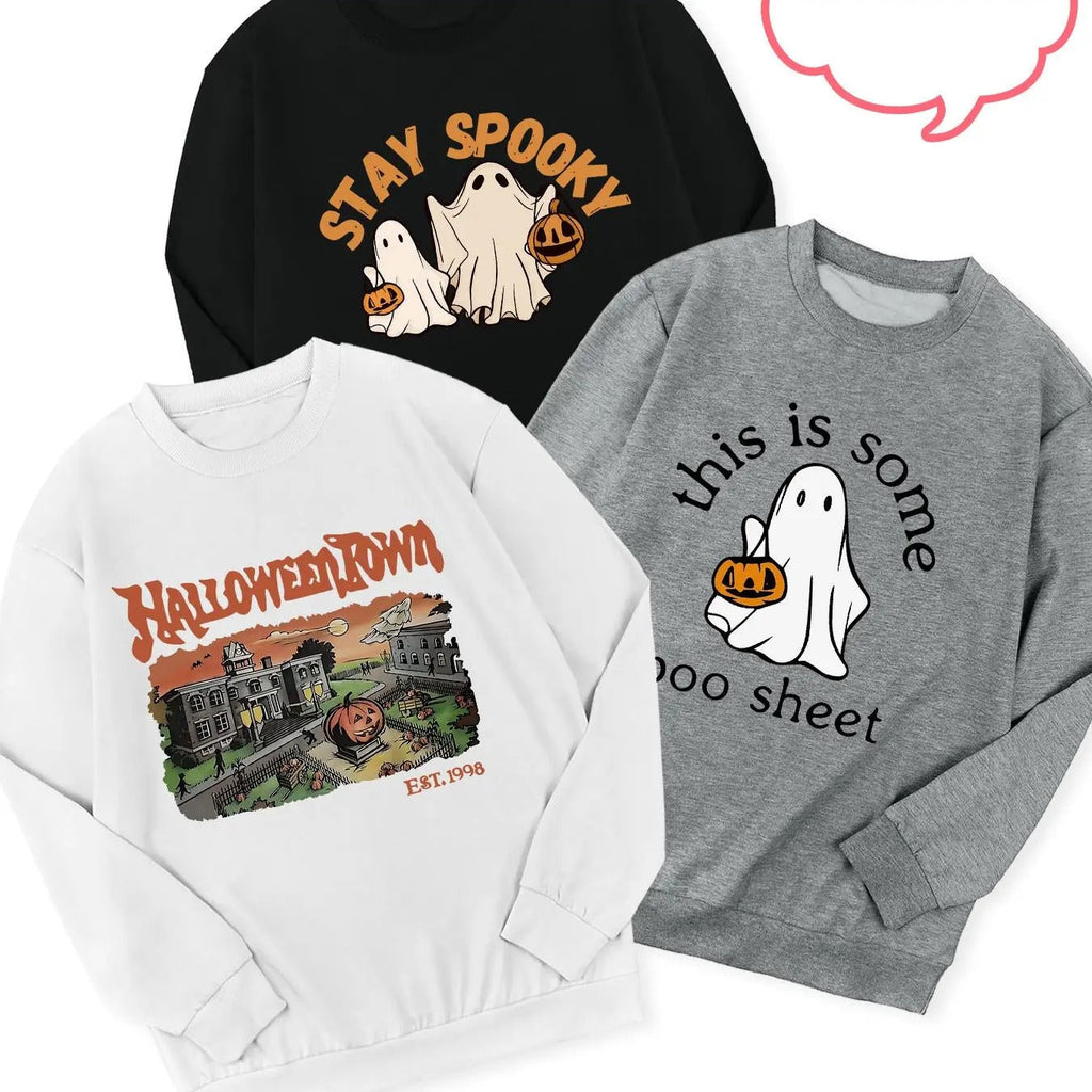 Halloween Cartoon Ghost & Pumpkin & Letter Print Casual Long Sleeve Round Neck Daily Spring T-Shirts, Hoodie, Sweatshirt - T-Shirt, Sweatshirt, Hoodie