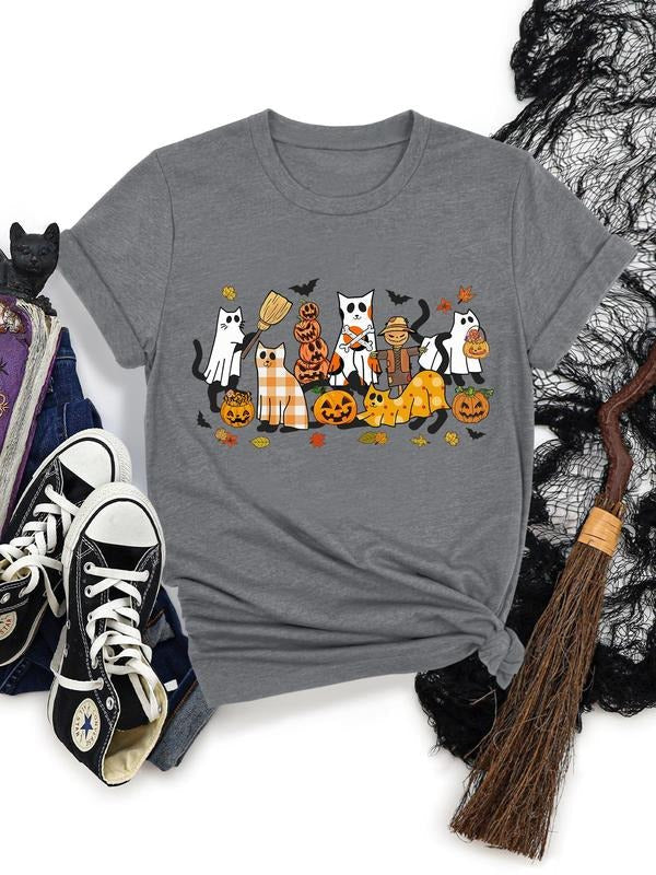 Halloween Cartoon Ghost & Pumpkin Print Round Neck Casual Short Sleeve Daily Clothes Summer T-Shirts, Hoodie, Sweatshirt - T-Shirt, Sweatshirt, Hoodie