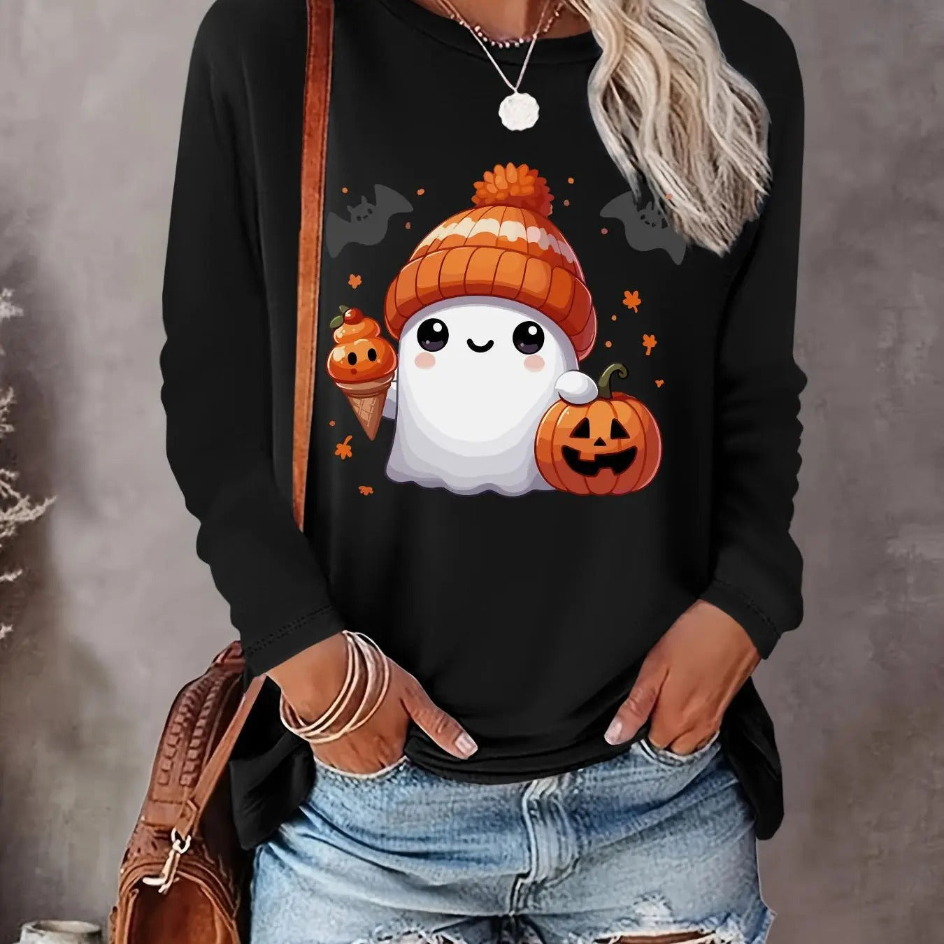 Halloween Cartoon Ghost Print Drop Shoulder Casual Long Sleeve Round Neck Daily Fall & Winter Clothes T-Shirts, Hoodie, Sweatshirt - T-Shirt, Sweatshirt, Hoodie