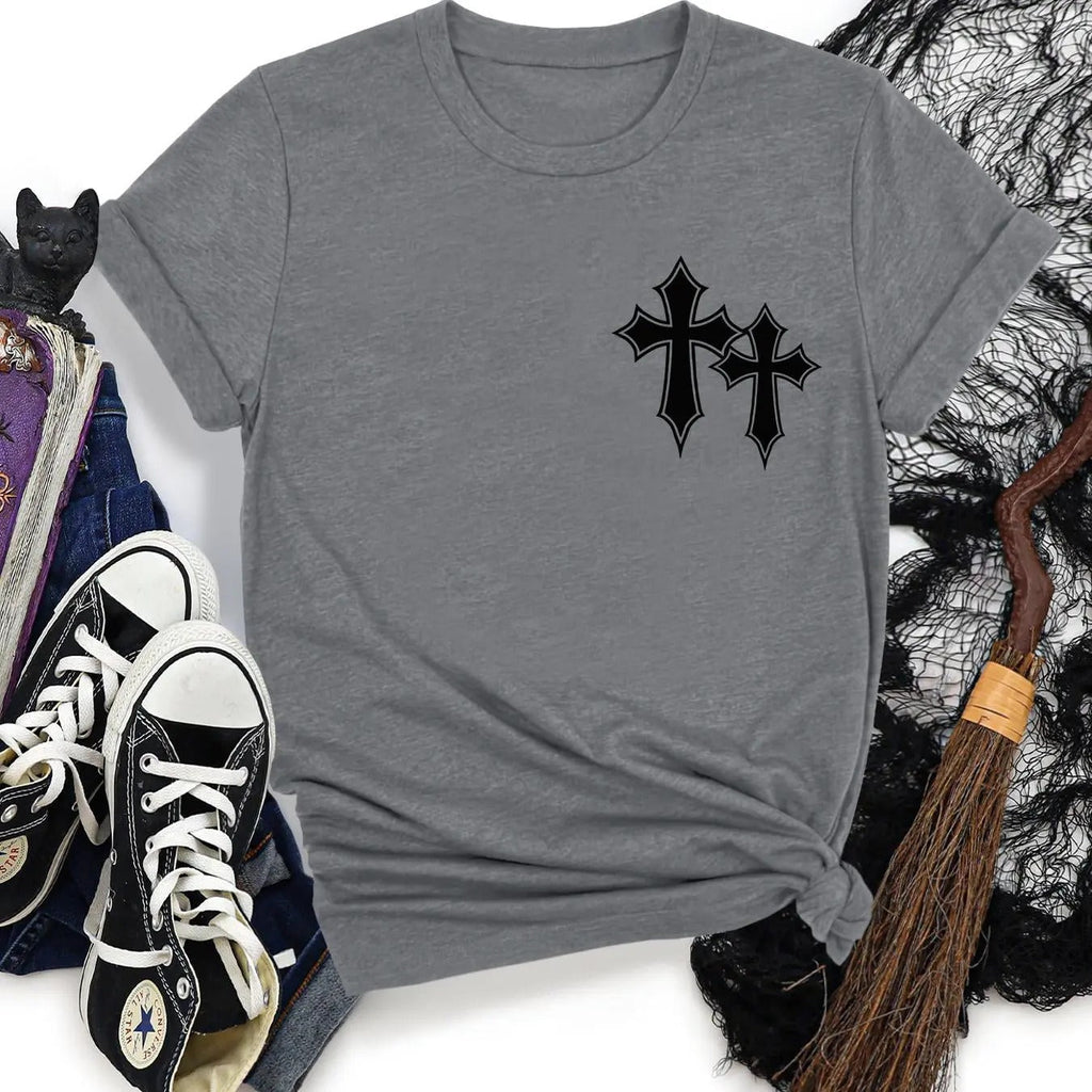 Halloween Cross Print Round Neck Casual Short Sleeve Crew Neck Summer Clothes Daily T-Shirts, Hoodie, Sweatshirt - T-Shirt, Sweatshirt, Hoodie