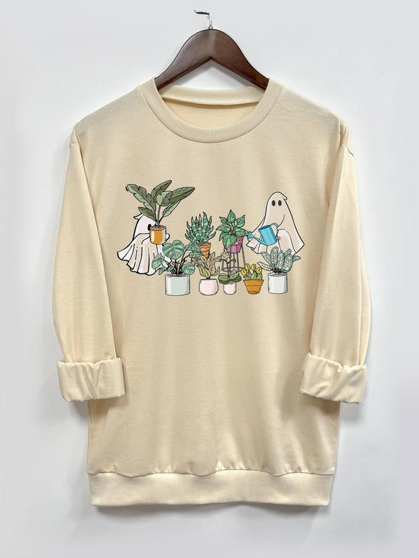 Halloween Ghost & Plants Print Crew Neck Casual Long Sleeve Fall & Winter Clothes Daily T-Shirts, Hoodie, Sweatshirt - T-Shirt, Sweatshirt, Hoodie