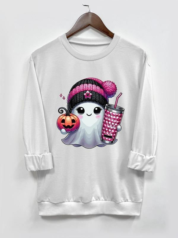 Halloween Ghost Print Round Neck Casual Long Sleeve Crew Neck Fall & Winter Clothes Daily T-Shirts, Hoodie, Sweatshirt - T-Shirt, Sweatshirt, Hoodie