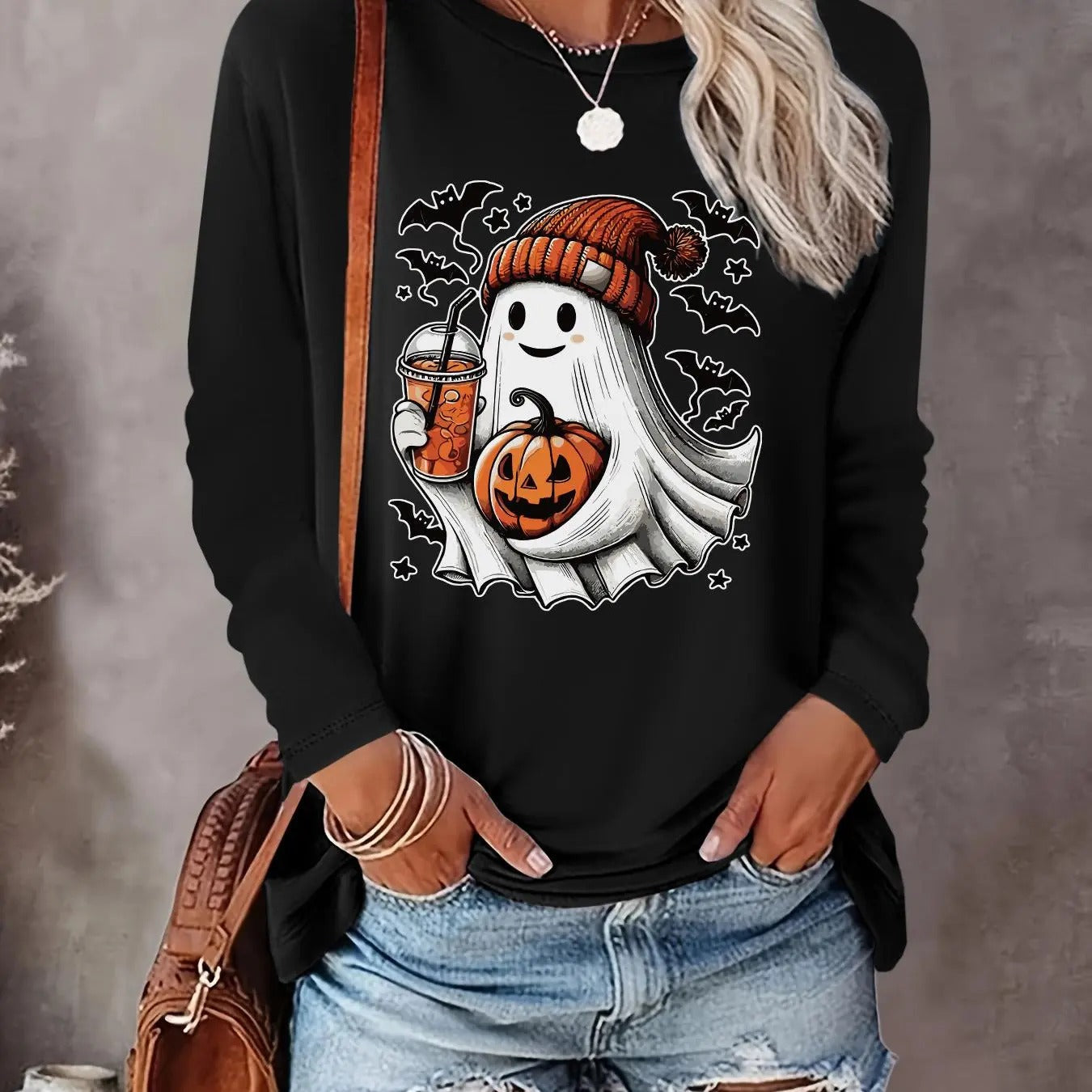 Halloween Ghost Print Round Neck Casual Long Sleeve Crew Neck Fall & Winter Clothes Daily T-Shirts, Hoodie, Sweatshirt - T-Shirt, Sweatshirt, Hoodie