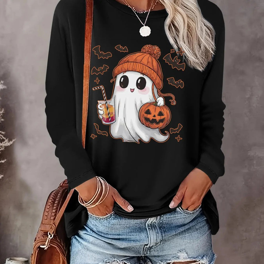Halloween Ghost Print Round Neck Casual Long Sleeve Crew Neck Fall & Winter Clothes Daily T-Shirts, Hoodie, Sweatshirt - T-Shirt, Sweatshirt, Hoodie
