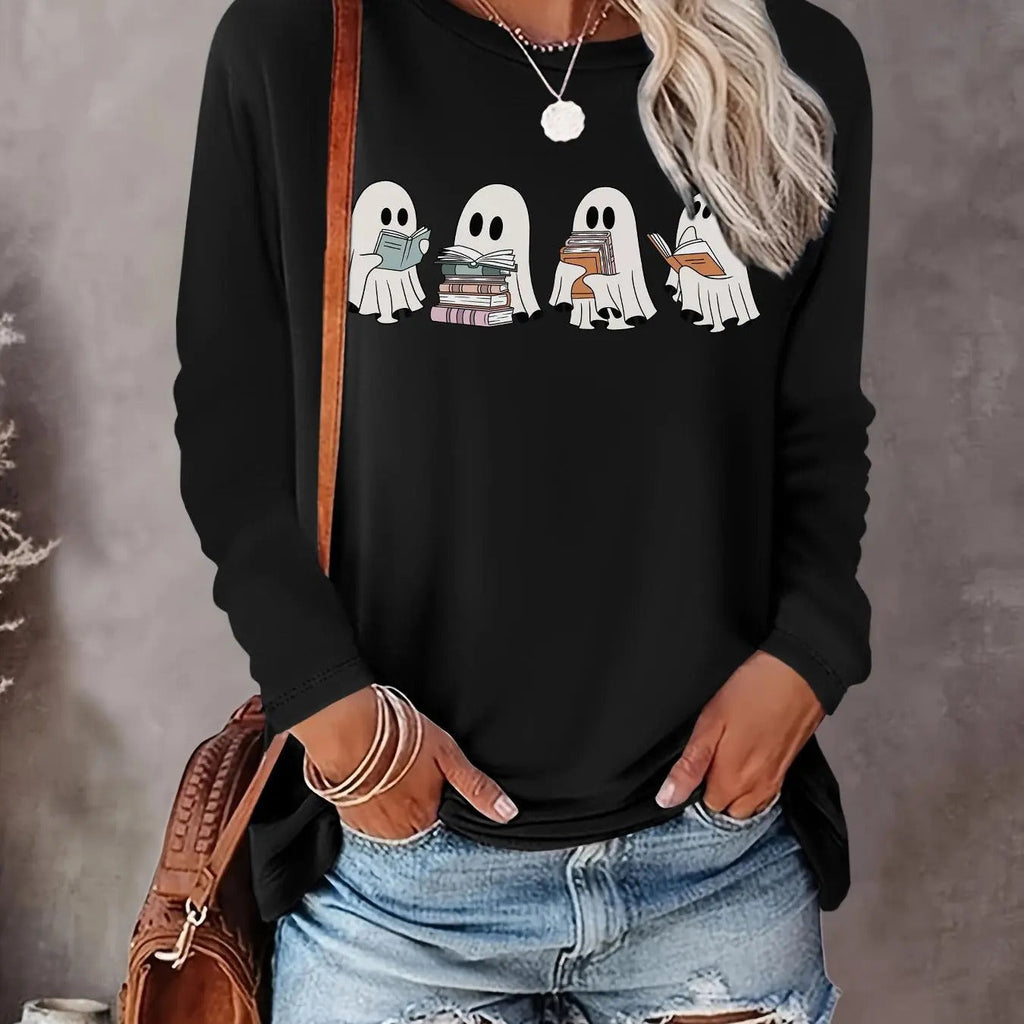 Halloween Ghost Print Round Neck Casual Long Sleeve Crew Neck Fall & Winter Top Daily T-Shirts, Hoodie, Sweatshirt - T-Shirt, Sweatshirt, Hoodie