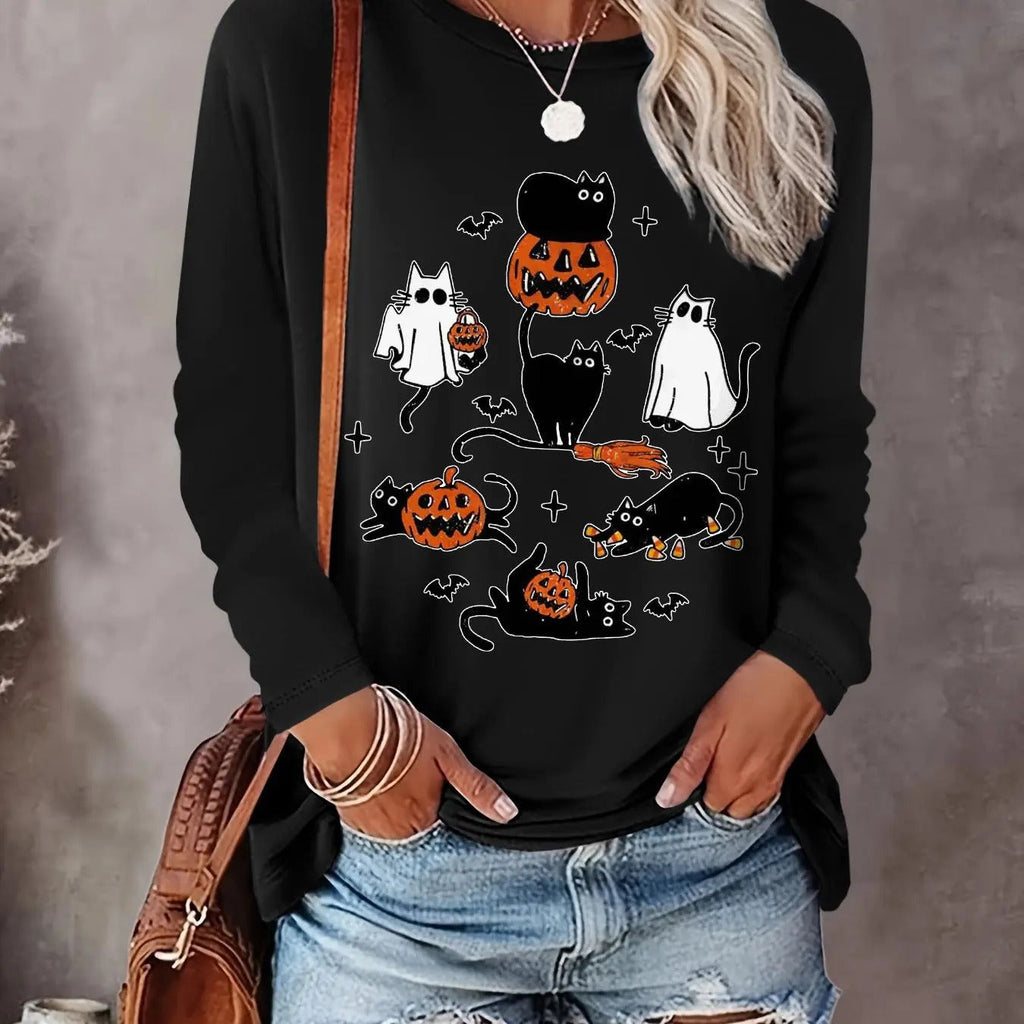 Halloween Print Casual Long Sleeve Round Neck Daily All Seasons T-Shirts, Hoodie, Sweatshirt - T-Shirt, Sweatshirt, Hoodie