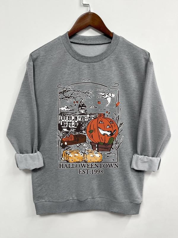 Halloween Pumpkin Print Round Neck Casual Long Sleeve Crew Neck Spring & Fall Top Daily T-Shirts, Hoodie, Sweatshirt - T-Shirt, Sweatshirt, Hoodie