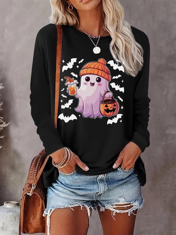 Halloween Themed Cartoon Ghost Print Round Neck Cute Casual Long Sleeve Daily Fall & Winter Clothes T-Shirts, Hoodie, Sweatshirt - T-Shirt, Sweatshirt, Hoodie