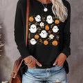 Halloween Themed Ghost & Leaf Print Round Neck Casual Long Sleeve Crew Neck Fall & Winter Top Daily T-Shirts, Hoodie, Sweatshirt - T-Shirt, Sweatshirt, Hoodie