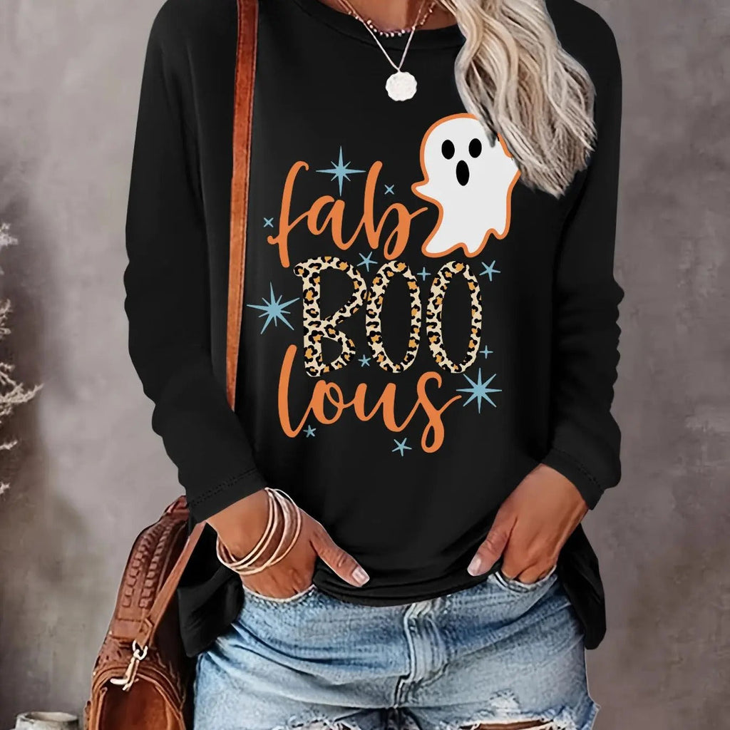 Halloween Themed Ghost & Letter Print Round Neck Casual Long Sleeve Crew Neck Daily Vacation Outdoor Clothes All Seasons T-Shirts, Hoodie, Sweatshirt - T-Shirt, Sweatshirt, Hoodie
