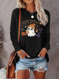 Halloween Themed Ghost & Letter Print Round Neck Casual Long Sleeve Crew Neck Top Fall & Winter Clothes Daily T-Shirts, Hoodie, Sweatshirt - T-Shirt, Sweatshirt, Hoodie