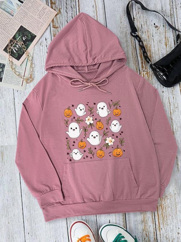 Halloween Themed Ghost & Pumpkin Print Drop Shoulder Casual Drawstring Pocket Hooded Daily Outdoor T-Shirts, Hoodie, Sweatshirt - T-Shirt, Sweatshirt, Hoodie