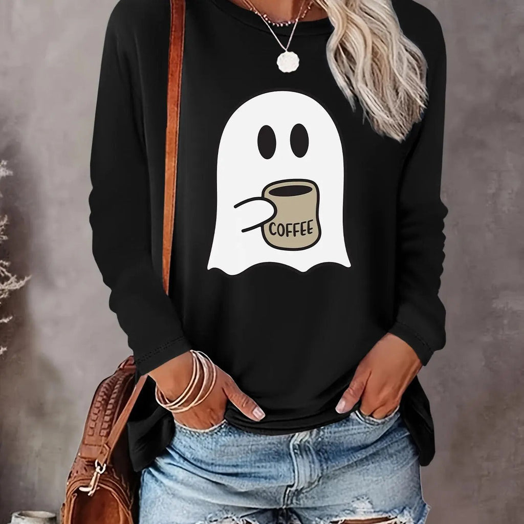 Halloween Themed Ghost Print Round Neck Casual Long Sleeve Crew Neck Top Fall & Winter Clothes Daily T-Shirts, Hoodie, Sweatshirt - T-Shirt, Sweatshirt, Hoodie
