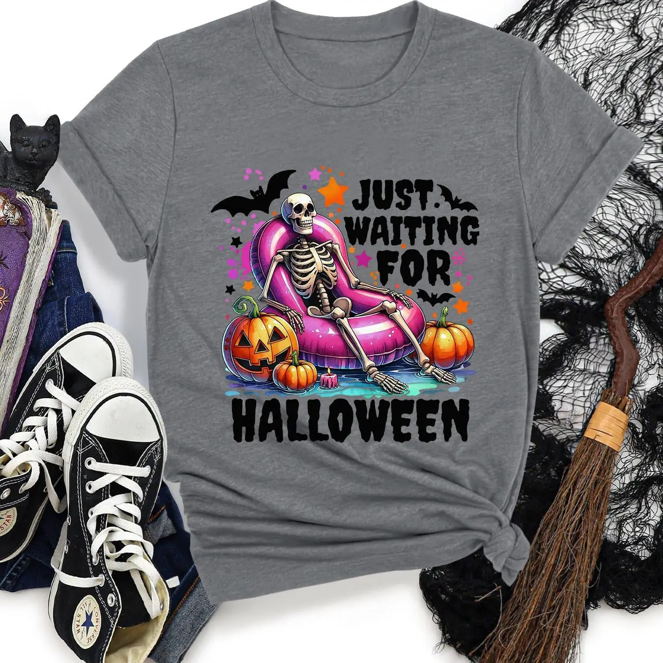 Halloween Themed Skeleton & Pumpkin Print Round Neck Casual Crew Neck Short Sleeve Daily Vacation Outdoor Clothes All Seasons T-Shirts, Hoodie, Sweatshirt - T-Shirt, Sweatshirt, Hoodie
