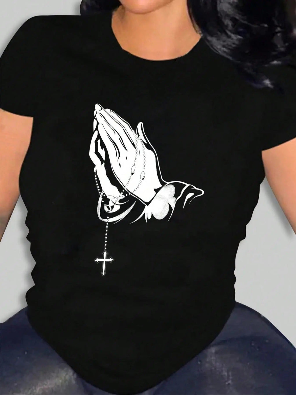 Hand & Cross Print Round Neck Casual Short Sleeve Summer Clothes Daily T-Shirts, Hoodie, Sweatshirt - T-Shirt, Sweatshirt, Hoodie