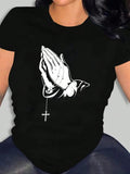 Hand & Cross Print Round Neck Casual Short Sleeve Summer Clothes Daily T-Shirts, Hoodie, Sweatshirt - T-Shirt, Sweatshirt, Hoodie