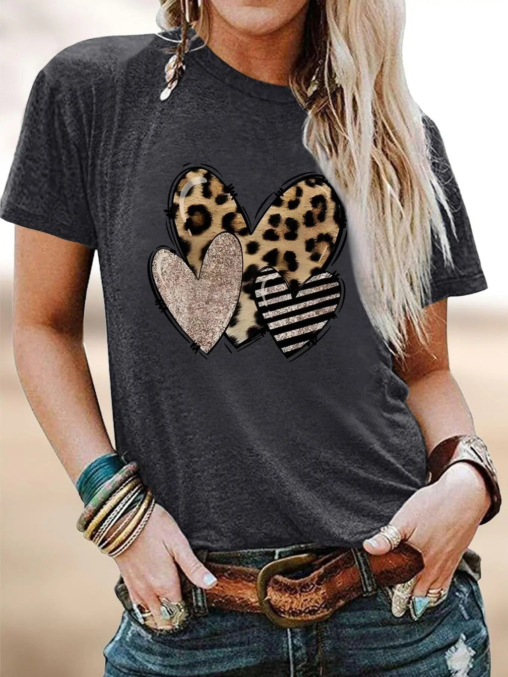 Heart & Leopard Print Round Neck Casual Striped Print Short Sleeve Crew Neck Summer Top Daily T-Shirts, Hoodie, Sweatshirt - T-Shirt, Sweatshirt, Hoodie