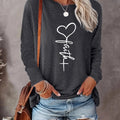 Heart & Letter Print Round Neck Casual Long Sleeve Crew Neck Fall & Winter Top Daily T-Shirts, Hoodie, Sweatshirt - T-Shirt, Sweatshirt, Hoodie