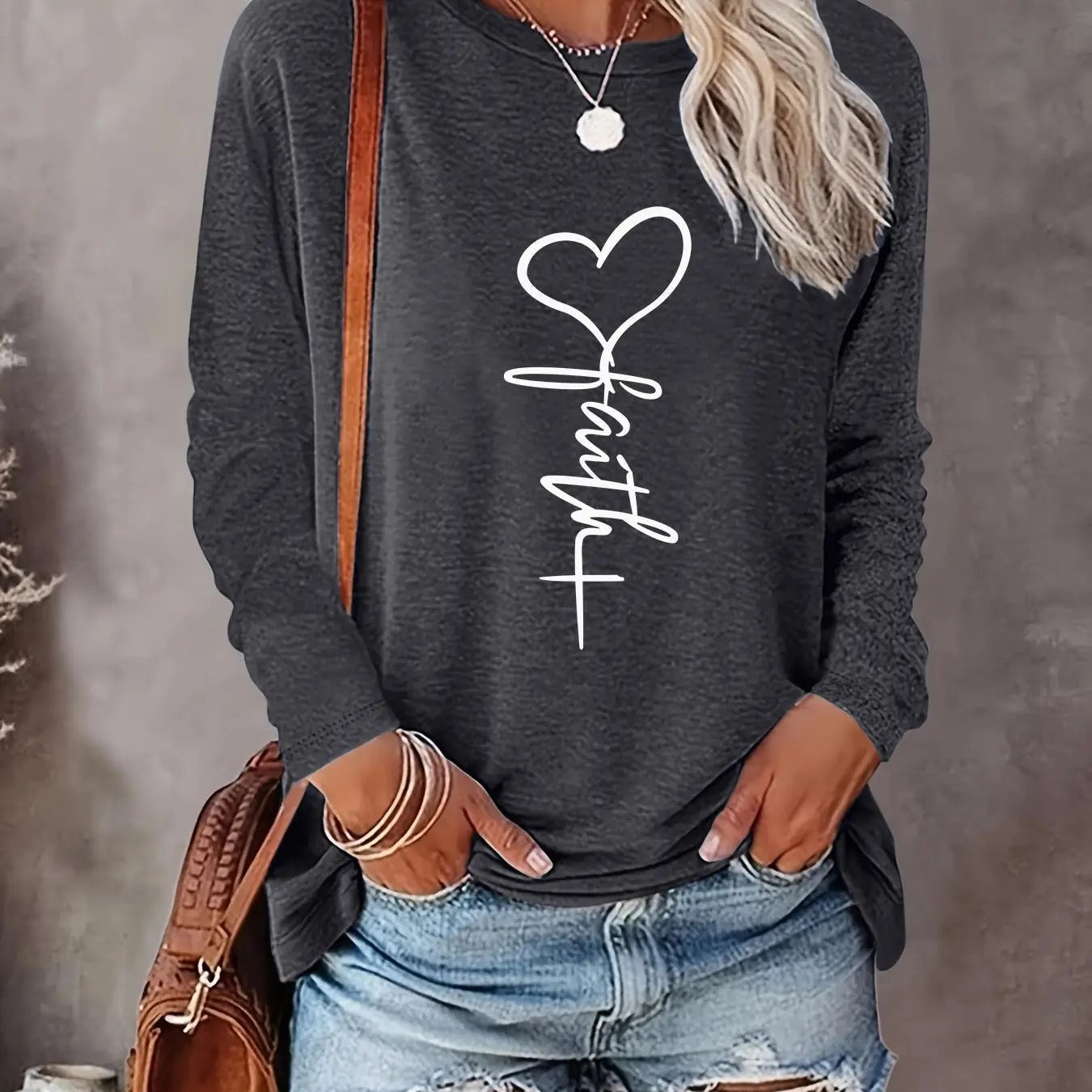 Heart & Letter Print Round Neck Casual Long Sleeve Crew Neck Fall & Winter Top Daily T-Shirts, Hoodie, Sweatshirt - T-Shirt, Sweatshirt, Hoodie
