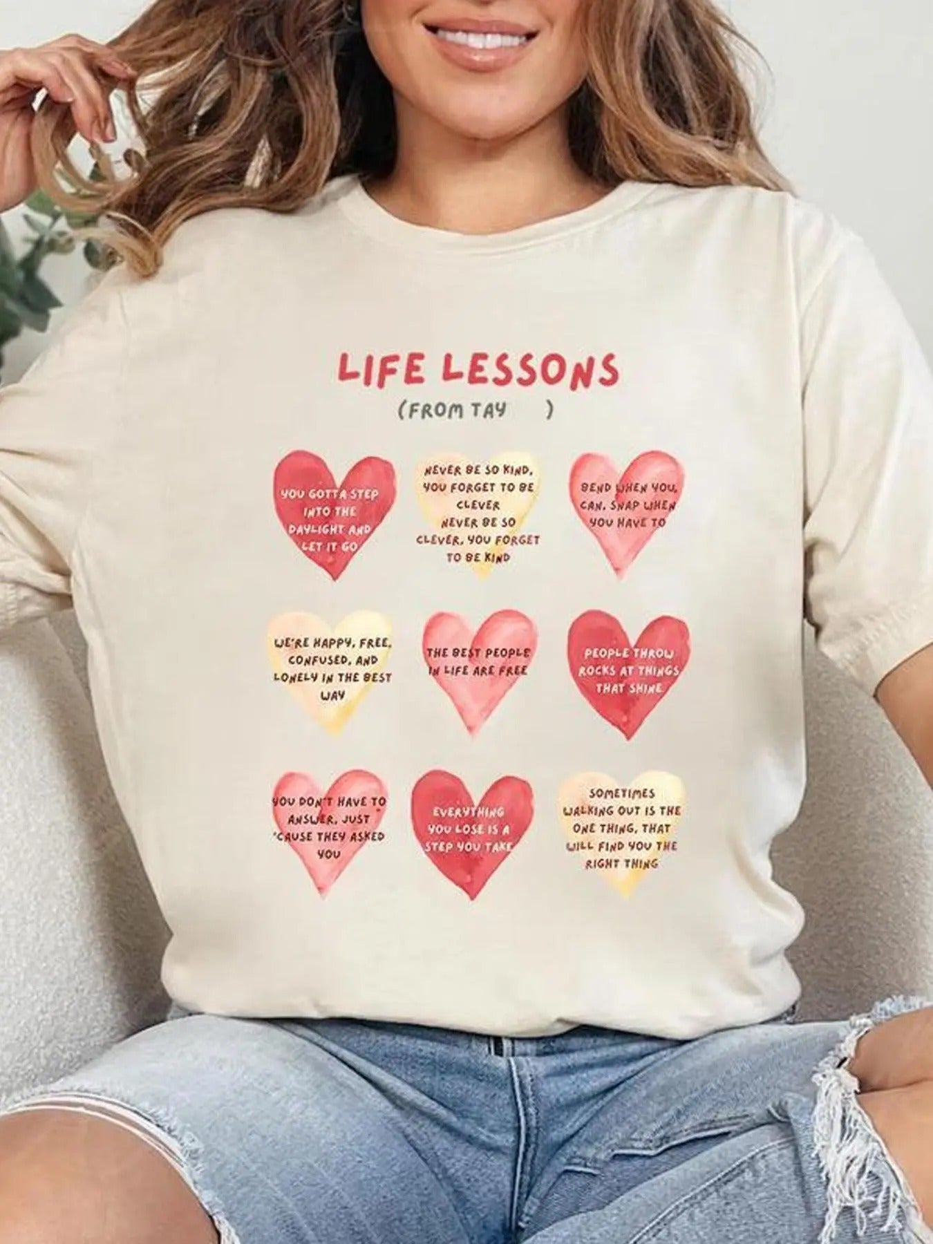 Heart & Letter Print Round Neck Casual Crew Neck Daily Vacation Outdoor Clothes Spring T-Shirts, Hoodie, Sweatshirt - T-Shirt, Sweatshirt, Hoodie