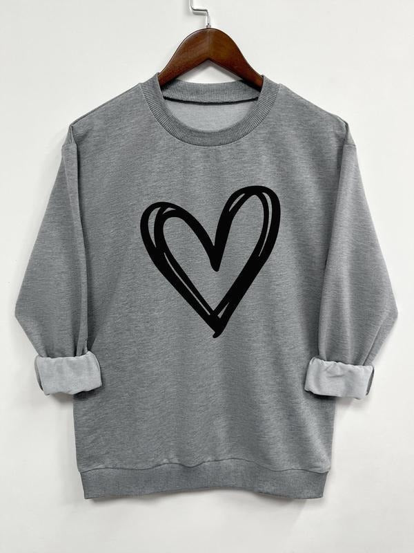 Heart Print Round Neck Casual Long Sleeve Crew Neck Spring & Fall Top Daily T-Shirts, Hoodie, Sweatshirt - T-Shirt, Sweatshirt, Hoodie