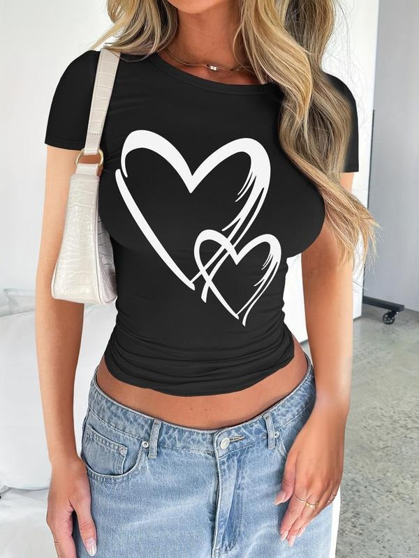 Heart Print Round Neck Casual Short Sleeve Crew Neck Daily Clothes All Seasonsstyle{N002}3 T-Shirts, Hoodie, Sweatshirt - T-Shirt, Sweatshirt, Hoodie