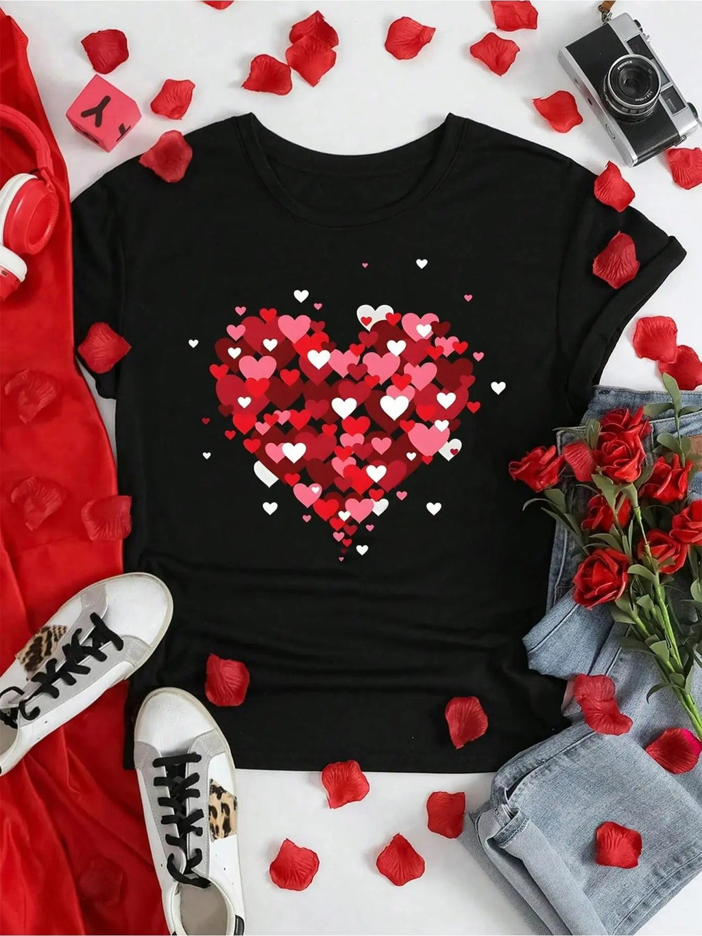 Heart Print Round Neck Casual Short Sleeve Daily Summer Clothes T-Shirts, Hoodie, Sweatshirt - T-Shirt, Sweatshirt, Hoodie