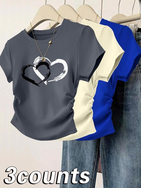 Heart Print Casual Short Sleeve Daily Clothes All Seasons Top T-Shirts, Hoodie, Sweatshirt - T-Shirt, Sweatshirt, Hoodie