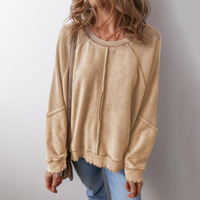 Knit Waffled Loose Patchwork Long Sleeve Crew Neck Streetwear T-Shirts, Hoodie, Sweatshirt - T-Shirt, Sweatshirt, Hoodie