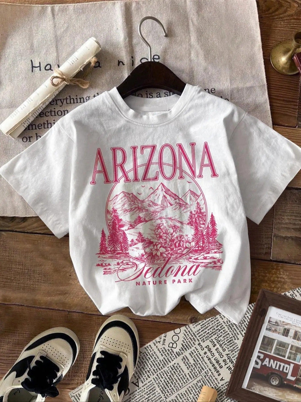 Landscape & Letter Print Round Neck Vintage Casual Short Sleeve Daily Summer T-Shirts, Hoodie, Sweatshirt - T-Shirt, Sweatshirt, Hoodie