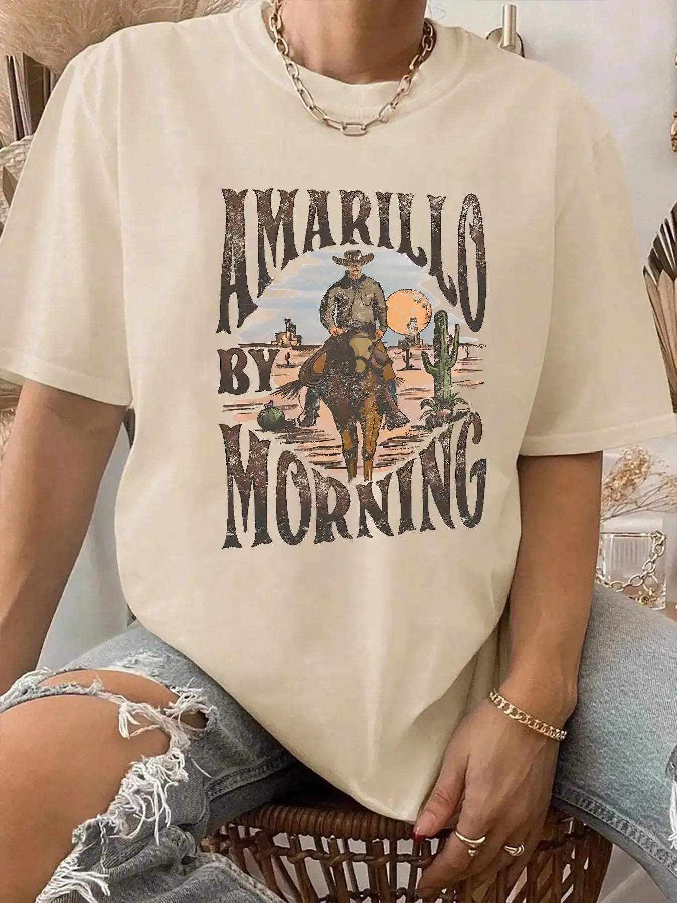 Landscape Print & Letter Print Round Neck Vintage Casual Drop Shoulder Short Sleeve Daily All Seasons T-Shirts, Hoodie, Sweatshirt - T-Shirt, Sweatshirt, Hoodie
