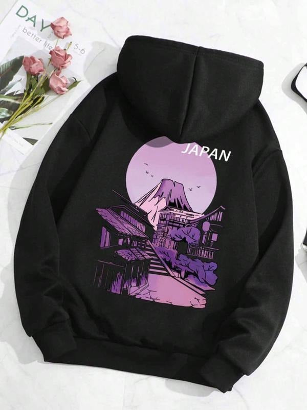 Landscape Print Drop Shoulder Casual Drawstring Pocket Hooded Daily Outdoor Spring & Fall T-Shirts, Hoodie, Sweatshirt - T-Shirt, Sweatshirt, Hoodie