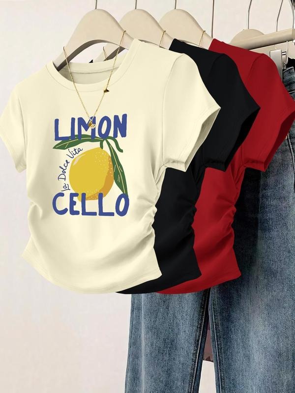 Lemon Print Round Neck Casual Short Sleeve Crew Neck Summer Top Daily T-Shirts, Hoodie, Sweatshirt - T-Shirt, Sweatshirt, Hoodie