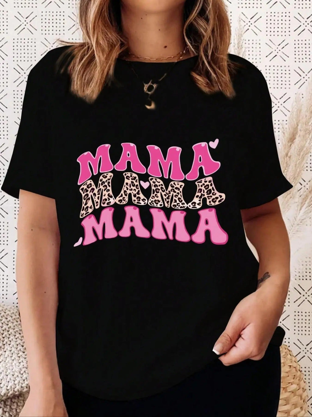 Leopard & Letter Print Round Neck Casual Heart Print Short Sleeve Crew Neck Summer Clothes Daily T-Shirts, Hoodie, Sweatshirt - T-Shirt, Sweatshirt, Hoodie